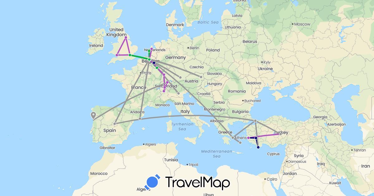 TravelMap itinerary: driving, bus, plane, train in Austria, Belgium, Switzerland, Germany, Spain, France, United Kingdom, Greece, Italy, Luxembourg, Netherlands, Portugal, Turkey (Asia, Europe)